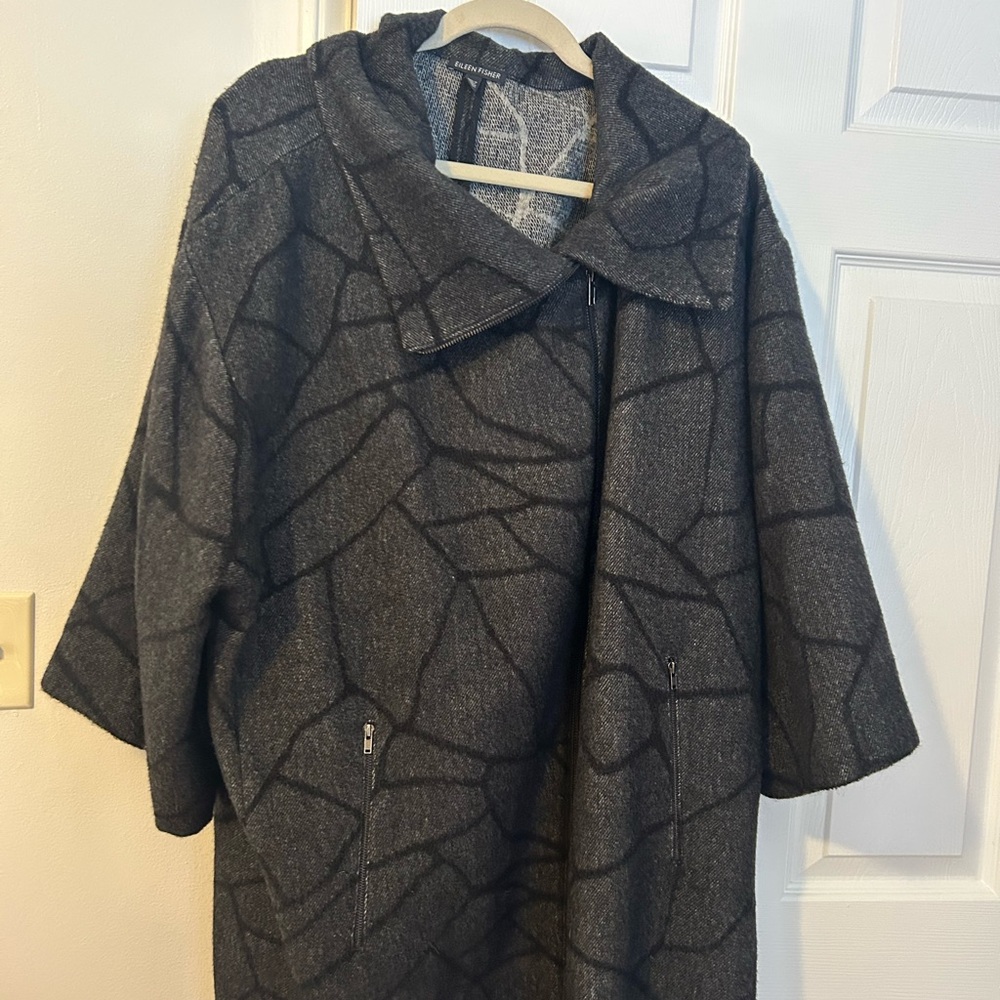 Eileen Fisher Grey Cracked Ice Jacquard Alpaca/Wool/Nylon Blend Zip Coat M/L